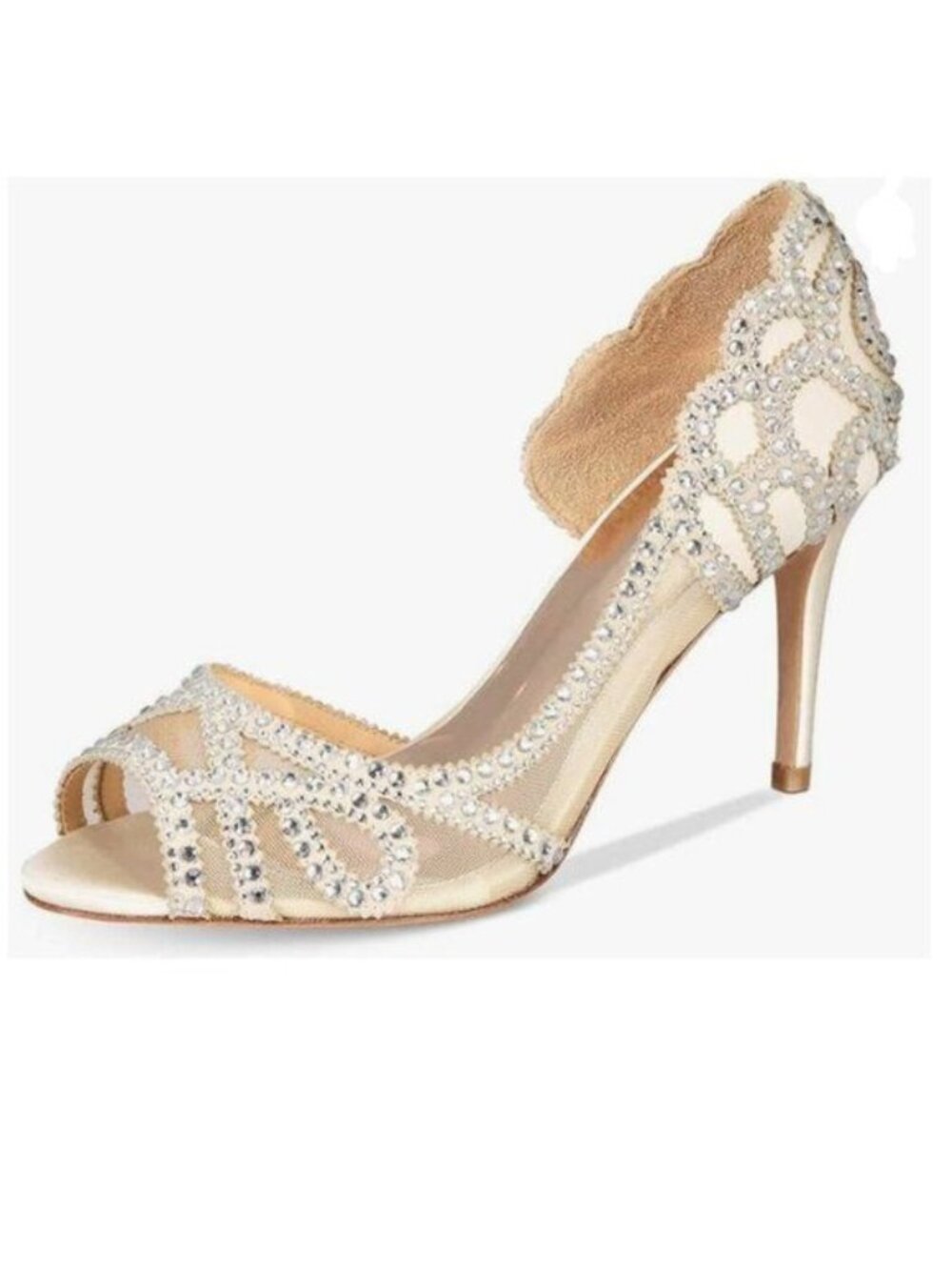 XYD Beige Peep Toe Half D'Orsay Mesh Crystal Studded Slip On High Heels Pumps